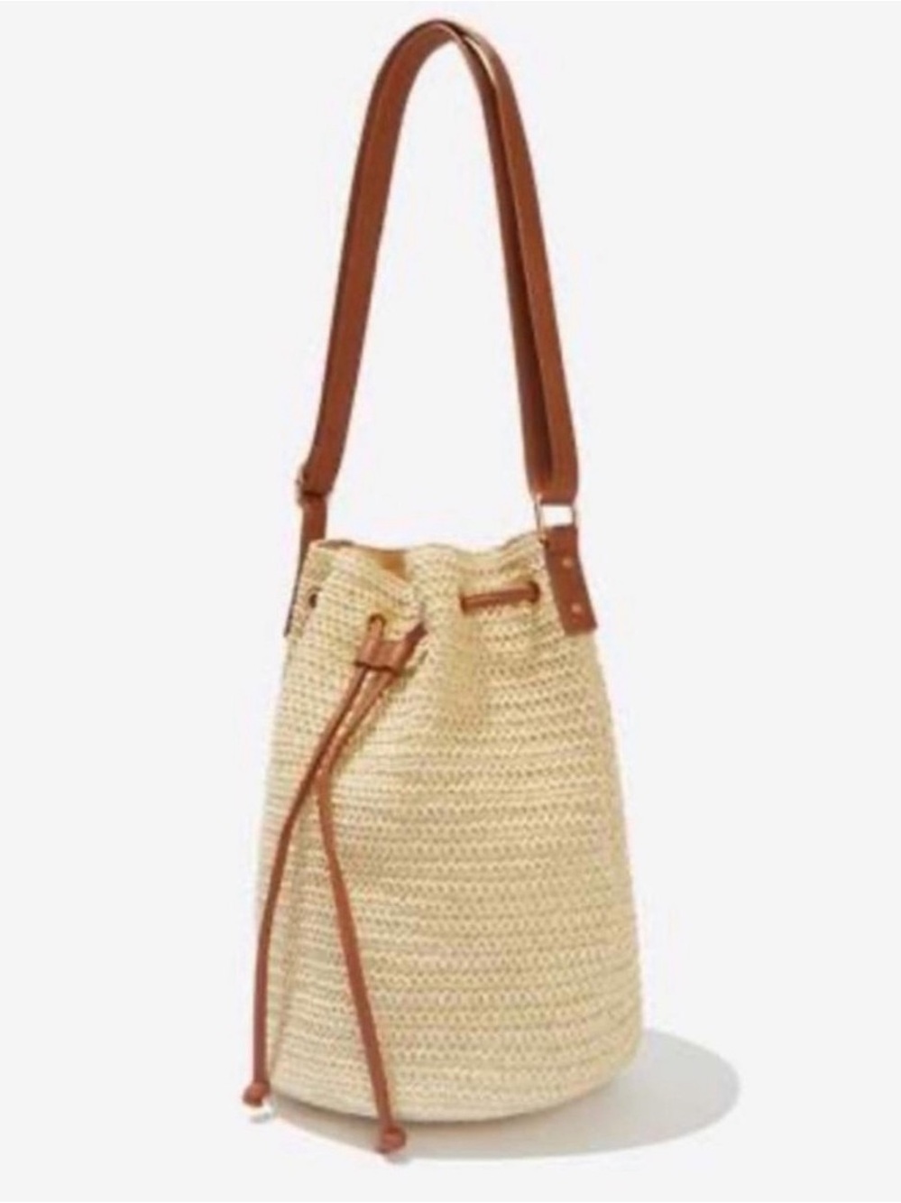 Montce Swim Ali Bucket Bag Cream Straw Brown Leather Boho Crossbody